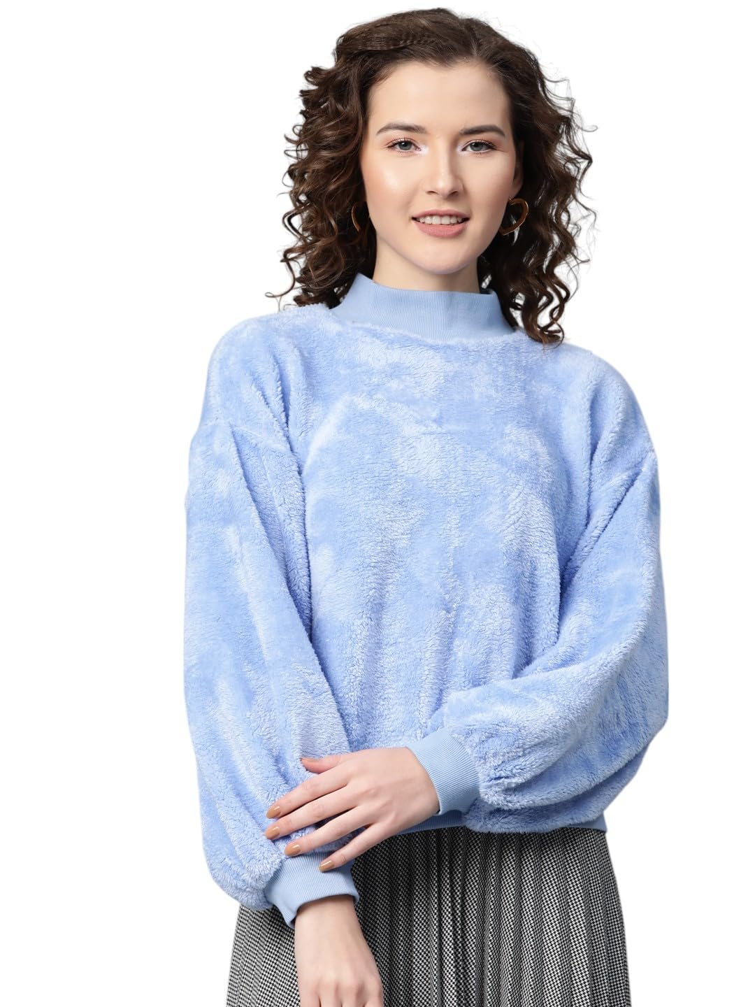Blue Balloon Sleeve Faux Fur Sweatshirt-image-0