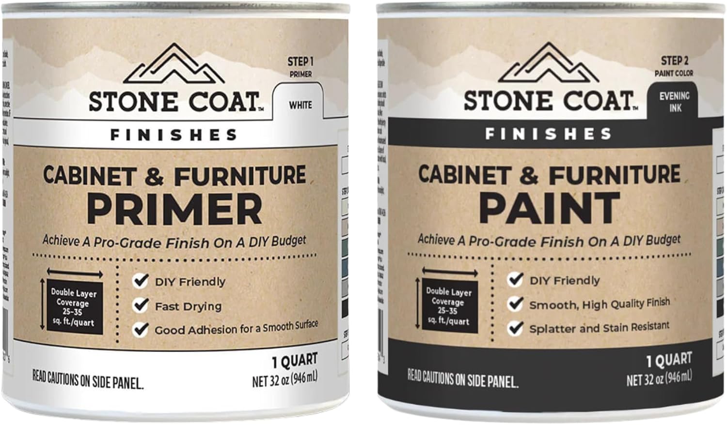 Stone Coat Cabinet Primer 1 Quart & Evening Ink 1 Quart Paint Bundle - Bright White High-Hiding Primer + Evening Ink Water-Based Acrylic Cabinet & Furniture Paint Low Odor Quick Drying Durable Finish