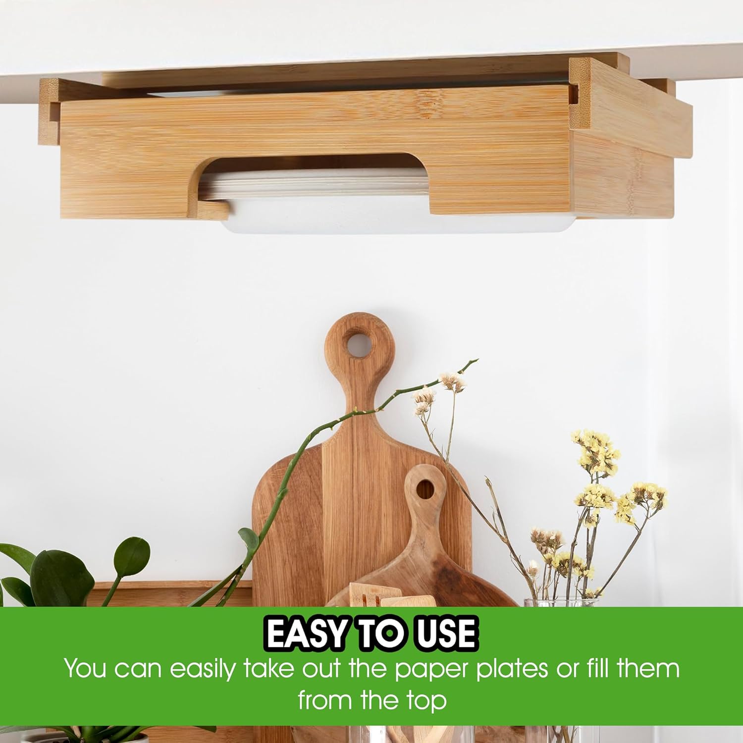 Paper Plate Dispenser - Under Cabinet Paper Plate Holder - Bamboo