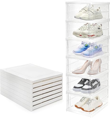 Hedume Paquete de 6 cajas transparentes apilables para zapatos, caja de almacenamiento de zapatos frontal sin montaje, organizador de zapatos