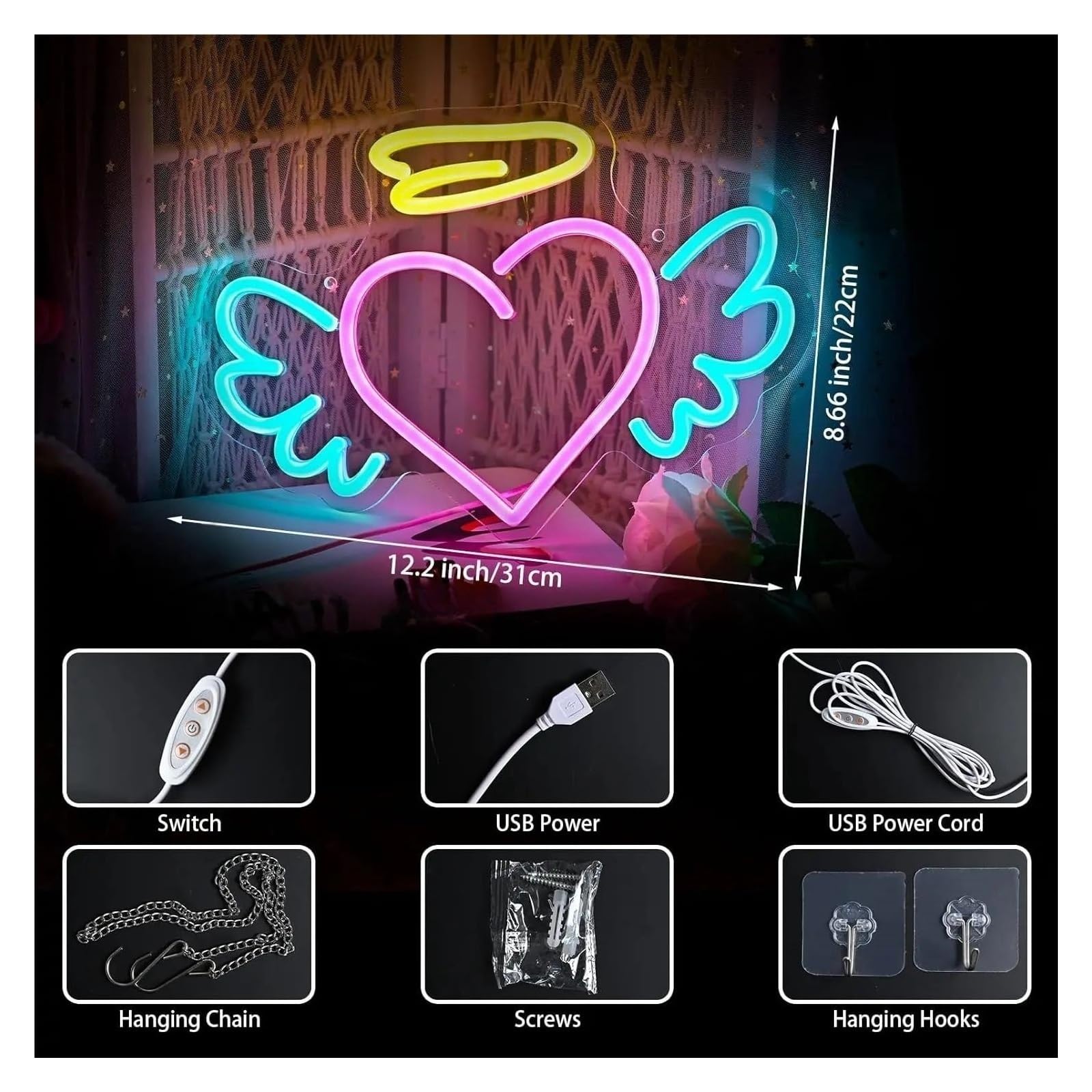 Señal de luz de neón Lámpara regulable con forma de corazón y alas ángel para letrero neón
