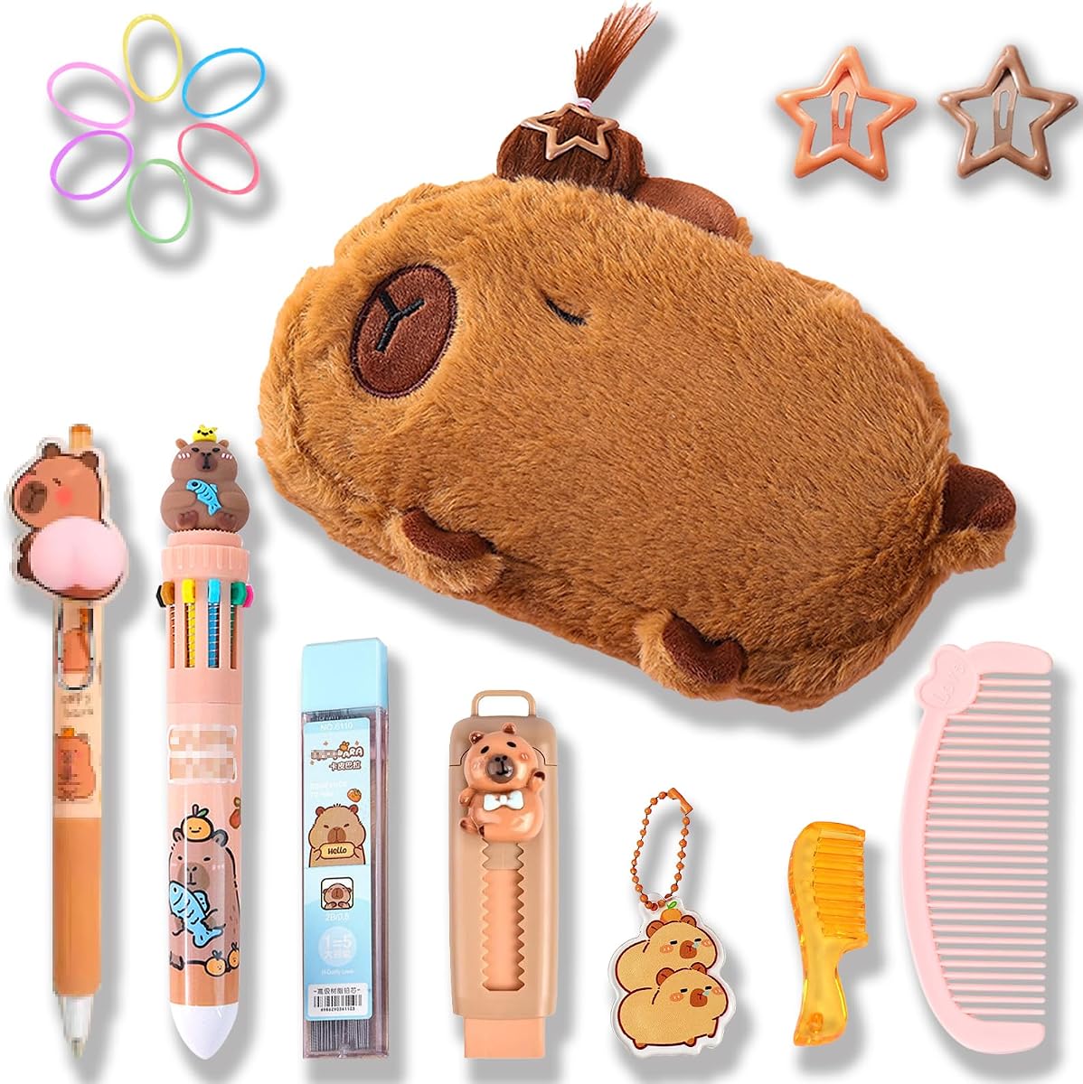 KEYDUACU Cute Water Cavy Pencil Case with Hairstyle Kit, Large Capacity Water Guinea Pig Cute Animal School Supplies Bag with Pencil Set & 10-Color Pen(Brown)