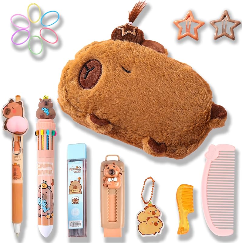 KEYDUACU Cute Water Cavy Pencil Case with Hairstyle Kit, Large Capacity Water Guinea Pig Cute Animal School Supplies Bag with Pencil Set & 10-Color Pen(Brown)