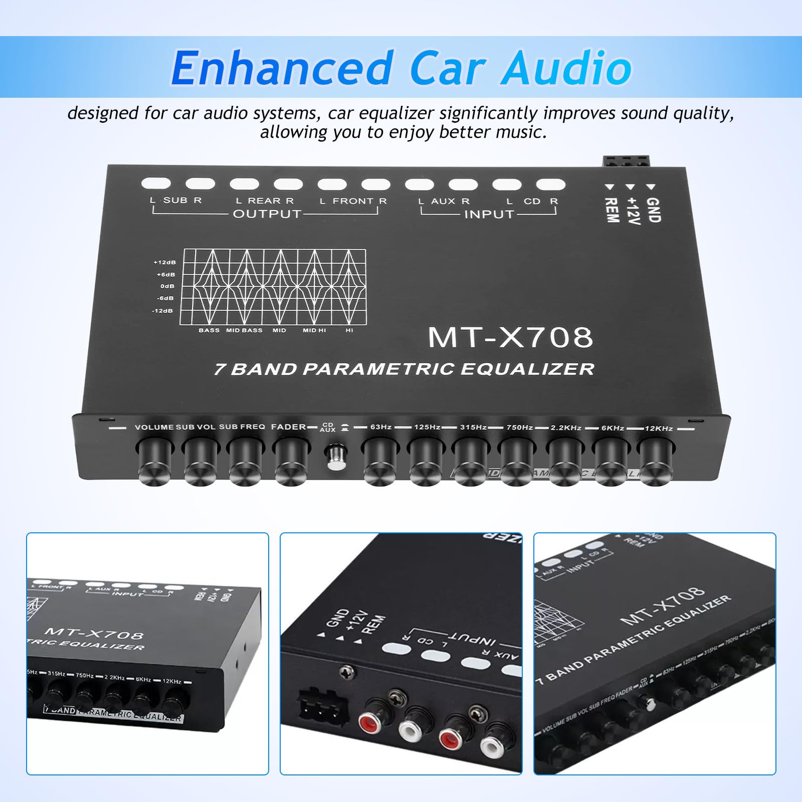 Kichvoe Ecualizador Estéreo de Coche de 7 Bandas Ajustable, Ecualizador Digital Compacto de Audio para Automóviles, Amplificador Control Preciso de Tono para Sistemas de Sonido de