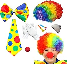 AYNKH 7 PCS Ensemble d'Accessoires de Costume de Clown, Perruque Afro Arc-en-ciel, Nez de Clown, Cravates Colorées, Nœuds papillons colorés, Gants, Sifflets, Filets à Cheveux, Jeux de rôle, Carnavals