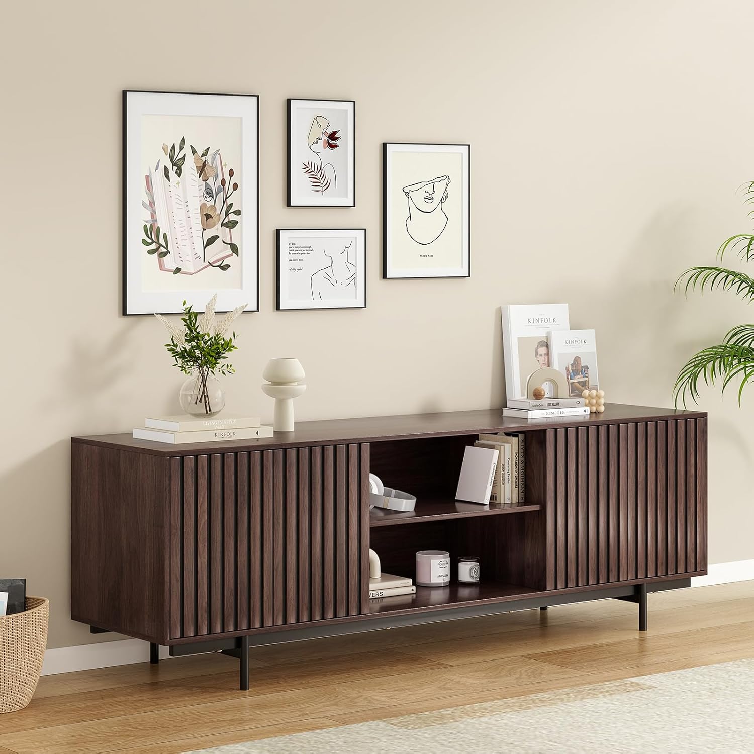 Soohow Mid Century Modern TV Stand for TVs Up to 75", Farmhouse Fluted TV Stand, Retro Wood TV Stand with Storage and Shelf, Entertainment Center with Pop-Up Doors for Living Room, Bedroom, Walnut