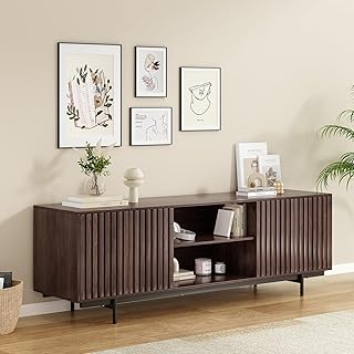 Soohow Mid Century Modern TV Stand for TVs Up to 75", Farmhouse Fluted TV Stand, Retro Wood TV Stand with Storage and Shelf, Entertainment Center with Pop-Up Doors for Living Room, Bedroom, Walnut