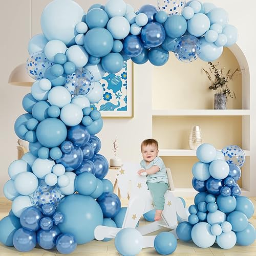 Miniatura 4 de Kit de guirnalda de arco de globos azul bebé, globos metálicos de confeti azul claro pastel pastel de diferentes tamaños para baby shower,