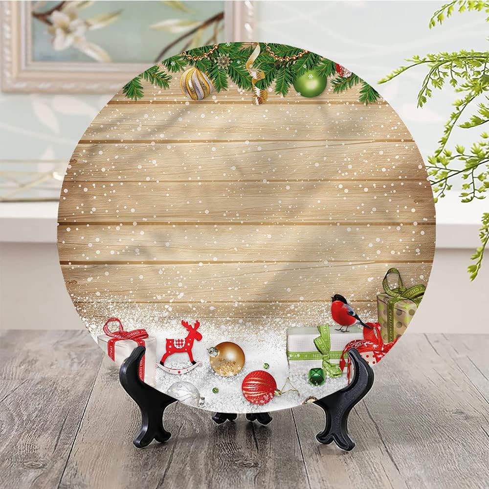Ceramic Display Plate, Christmas Ceramic Hanging Decorative Plate, Pine Wood Planks Snow, 7 Inch, Living Room Kitchen Decoration Household, Multicolor