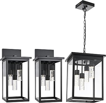 TODOLUZ Large LED Outdoor 4-Light Pendant Lighting & 2-Pack Wall Sconce in Black Finish, 5 Color Temperature Adjustable