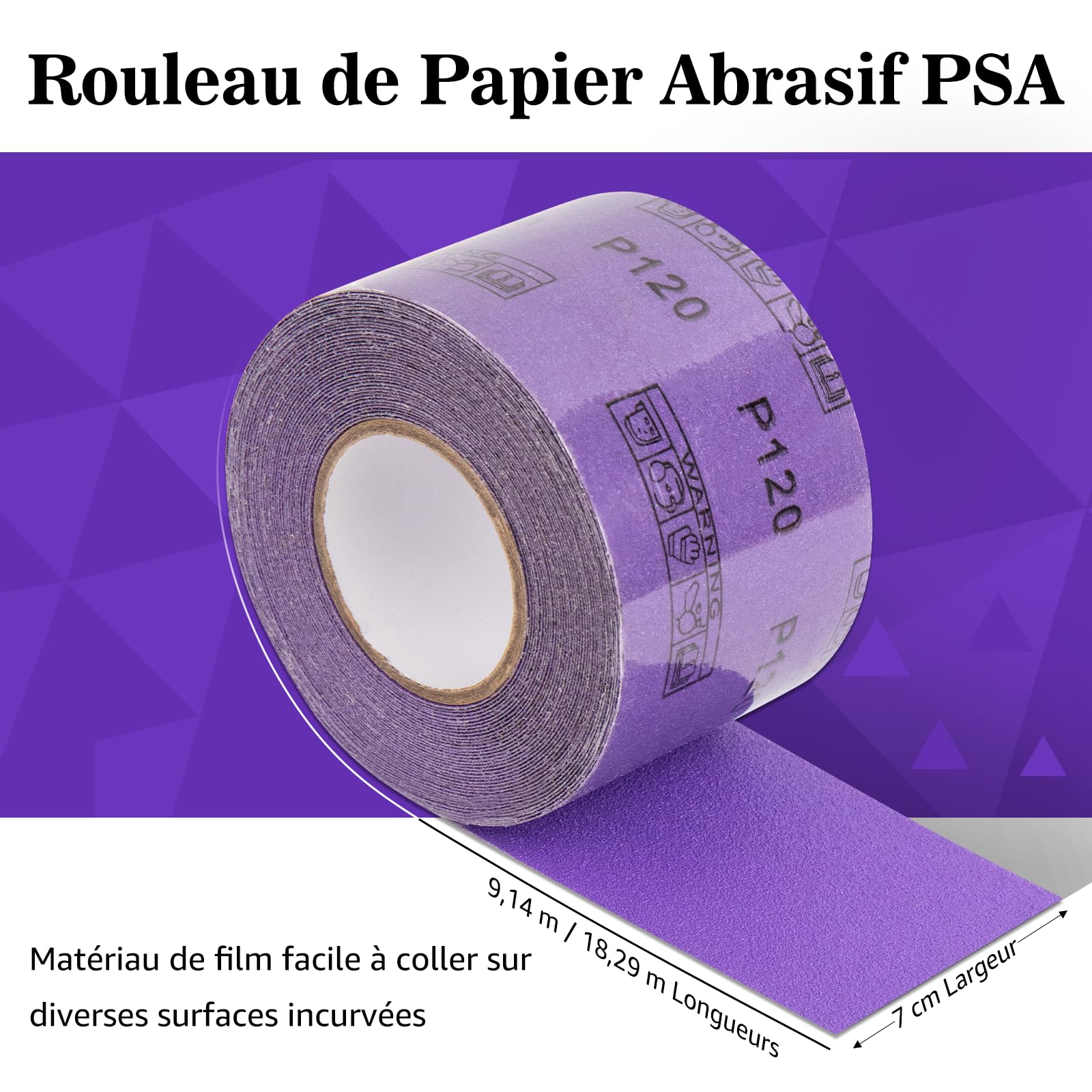 Papier de Verre Autocollant, 70 mm x 18.3 m, Rouleau de Papier de Verre Céramique Grain 400，Utilisation à Sec et Humide, Pour le Ponçage de Surfaces Telles Que le Bois, les Métaux et les automobiles