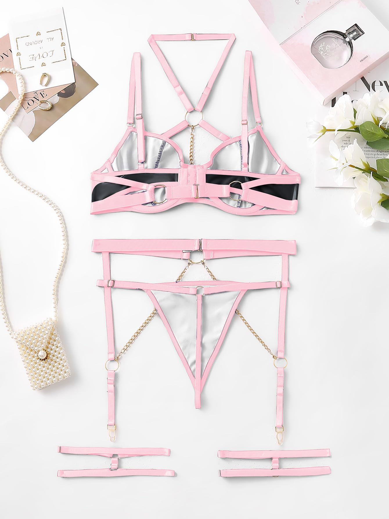 Lilosy Sexy Pu Leather Strappy Underwire Garter Belt Lingerie Set