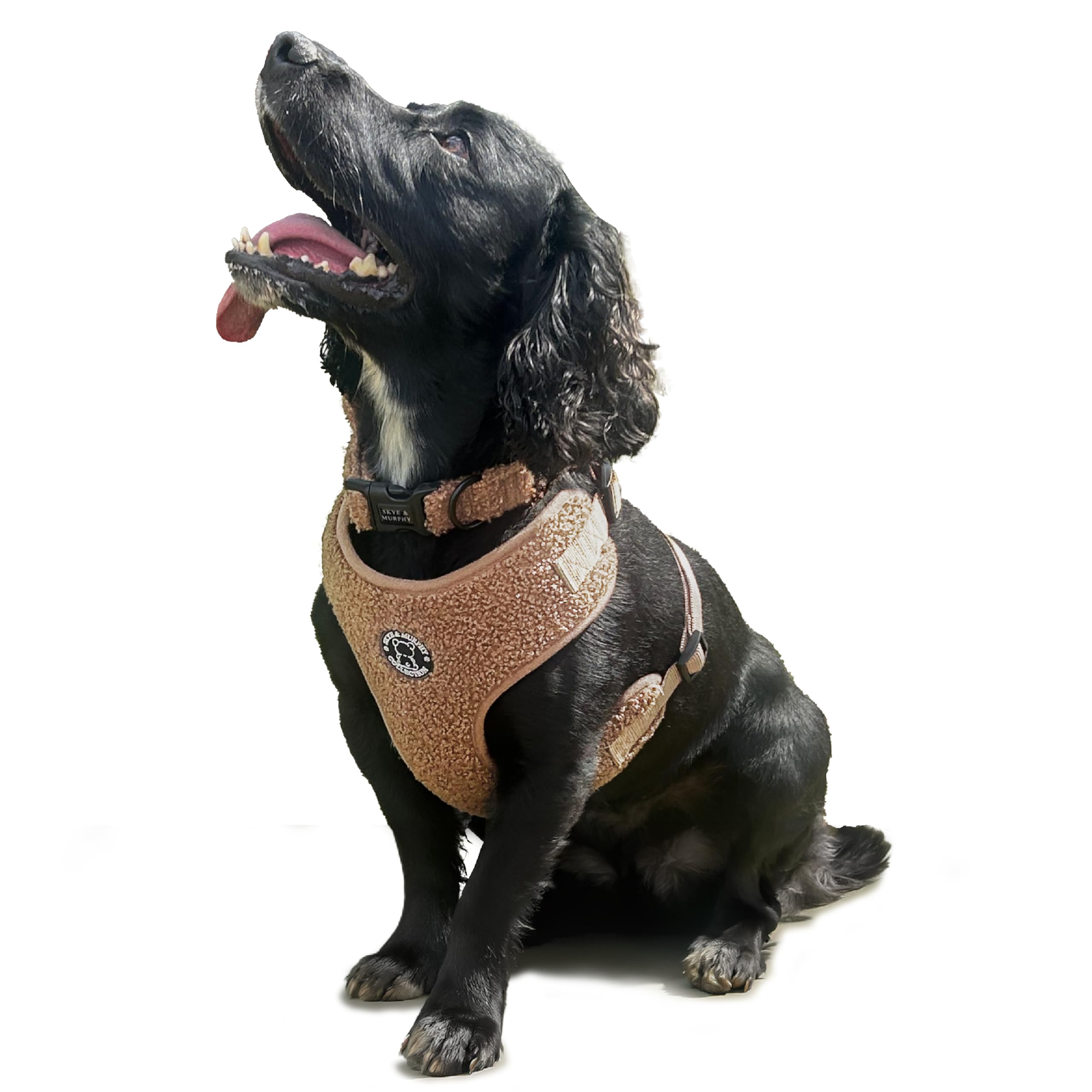 HugglePets Skye & Murphy Teddy Bear, Soft Dog Harness | Caramel (Warm Beige) | Adjustable, Comfortable Fit with Secure Straps | Black Dog Harness | Large (56-76cm)