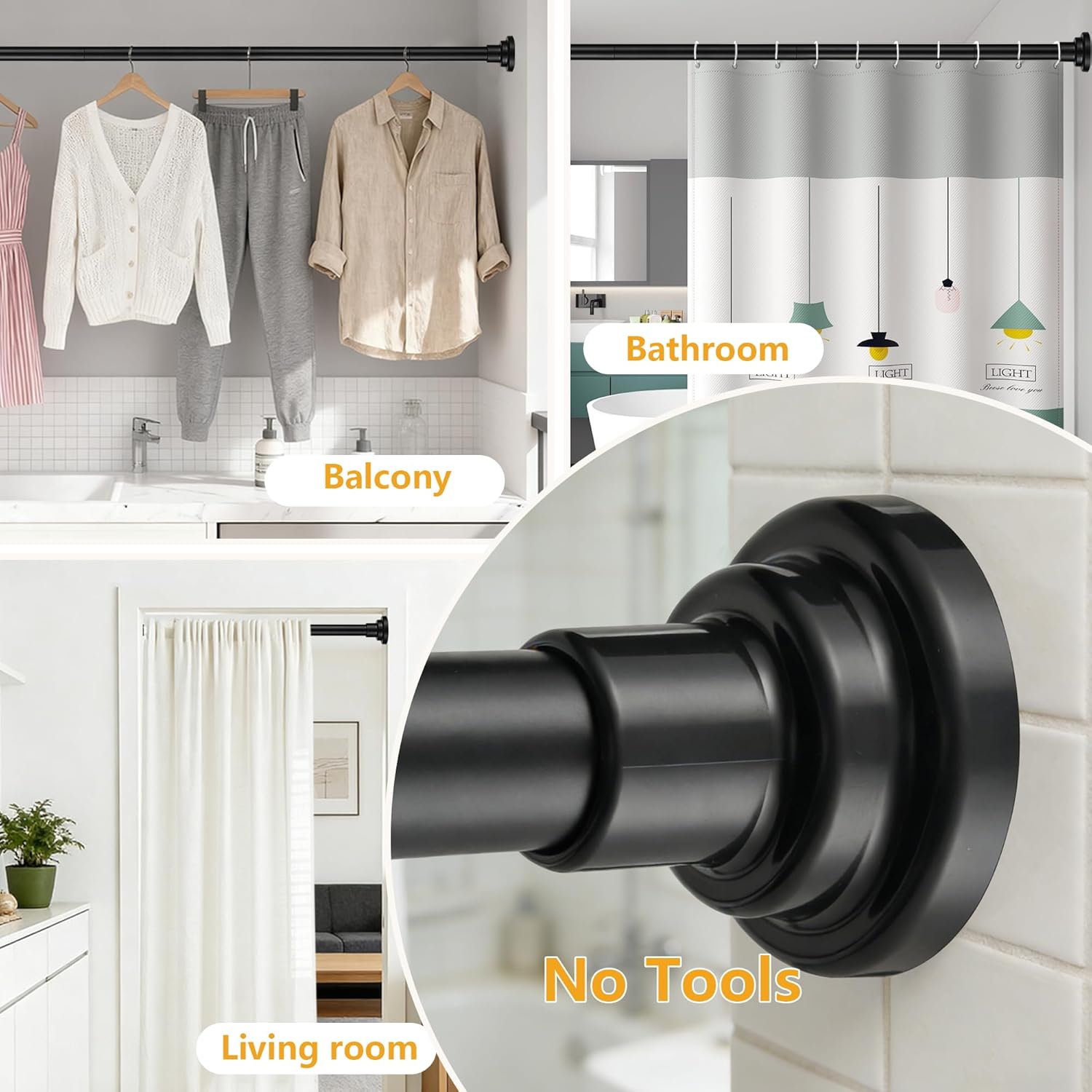 Shower Curtain Rod 1" Diameter Heavy-Duty Shower Rod Non-Threaded Adjustable Tension Curtain Rod No Drill 17-103" Stainless Steel Non Slip for Bathroom Window Closet Outdoor Black