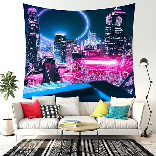 Miniatura 4 de Aidatain Tapiz de neón de ciudad, rascacielos futuristas, japonés 3D Tokio, para colgar en la pared, decoración estética de franela de 60 x 51