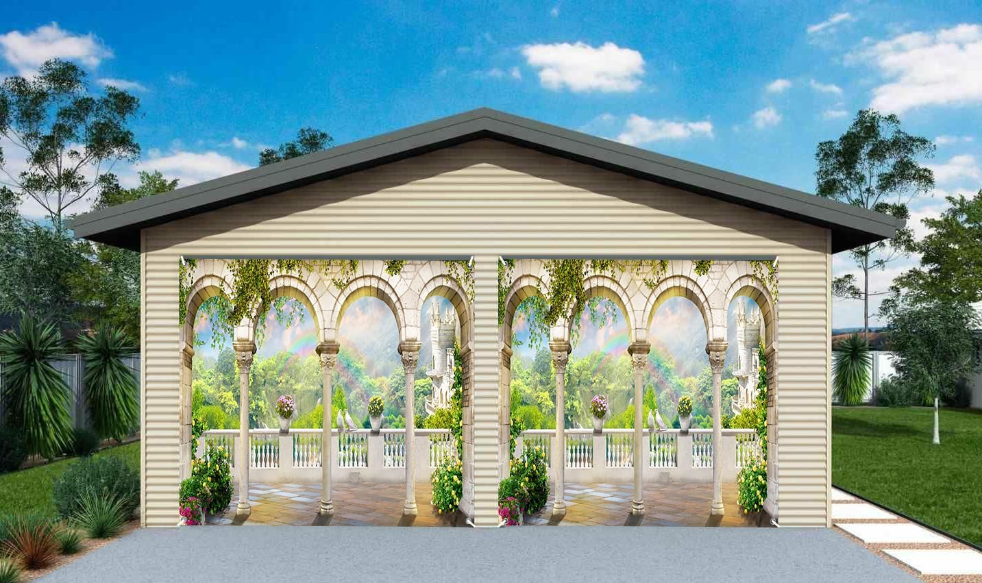 7x8ft White European Arch Building Outdoor Garage Door Decor Mountain Spring Rainbow Bright Flowers Plants Garage Door Cover for Wedding Travel Decor Holiday
