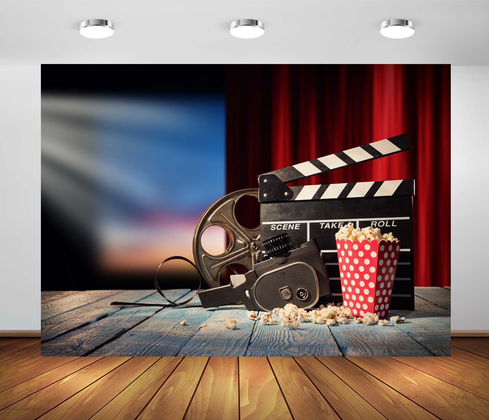 3.5x3m Sfondo di film retrò Vecchia cinepresa su sfondo di tavola di legno Sfondo di serata cinema Sfondo di proiettore cinematografico in stile antico Decorazione per feste