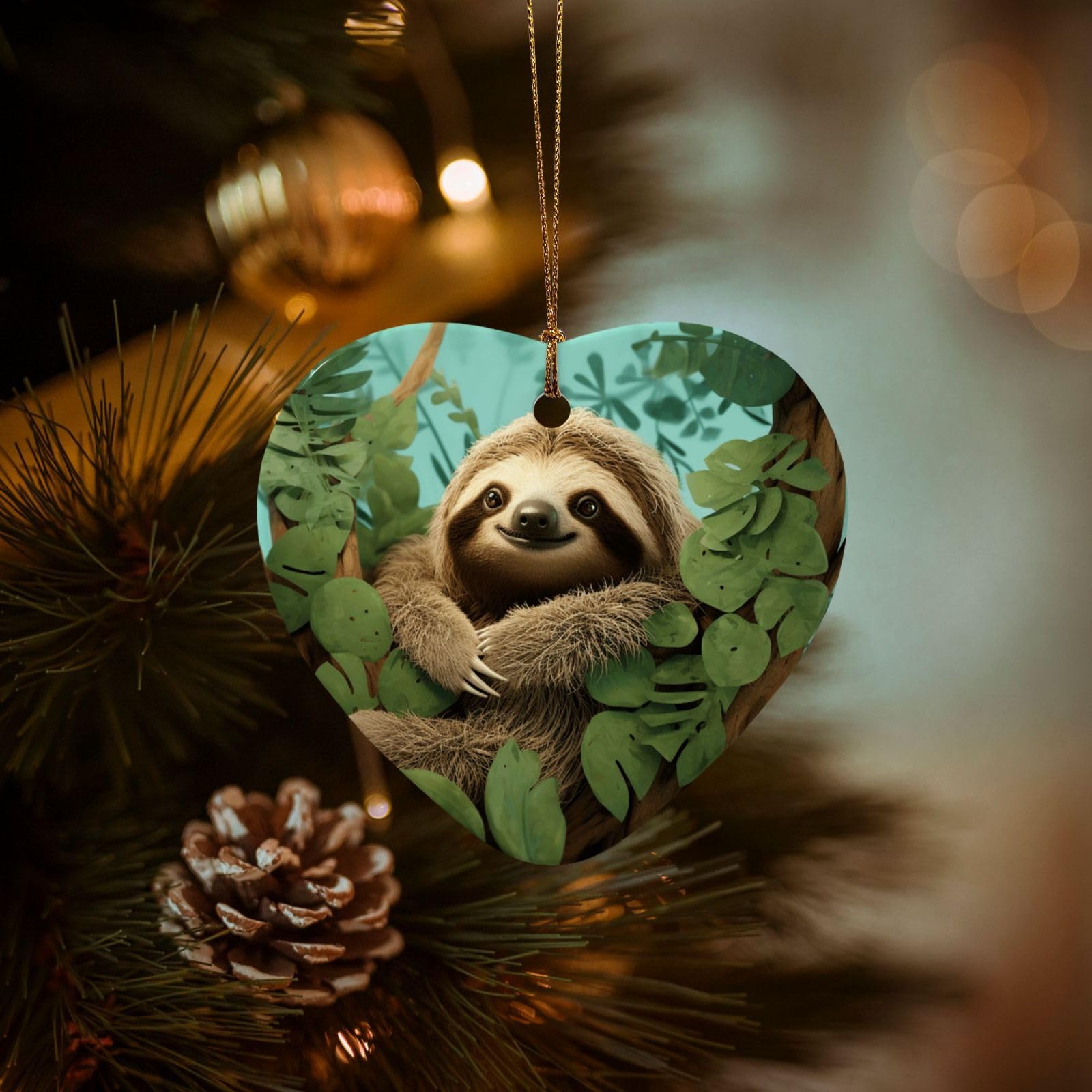 Christmas Ornaments for Christmas Tree Decoration Hanging Hug Tree Sloth Ornament with Gold Ribbon Crafts Heart Shape Ceramic Pendant for Keepsake Gifts Xmas Decor Party Supplies