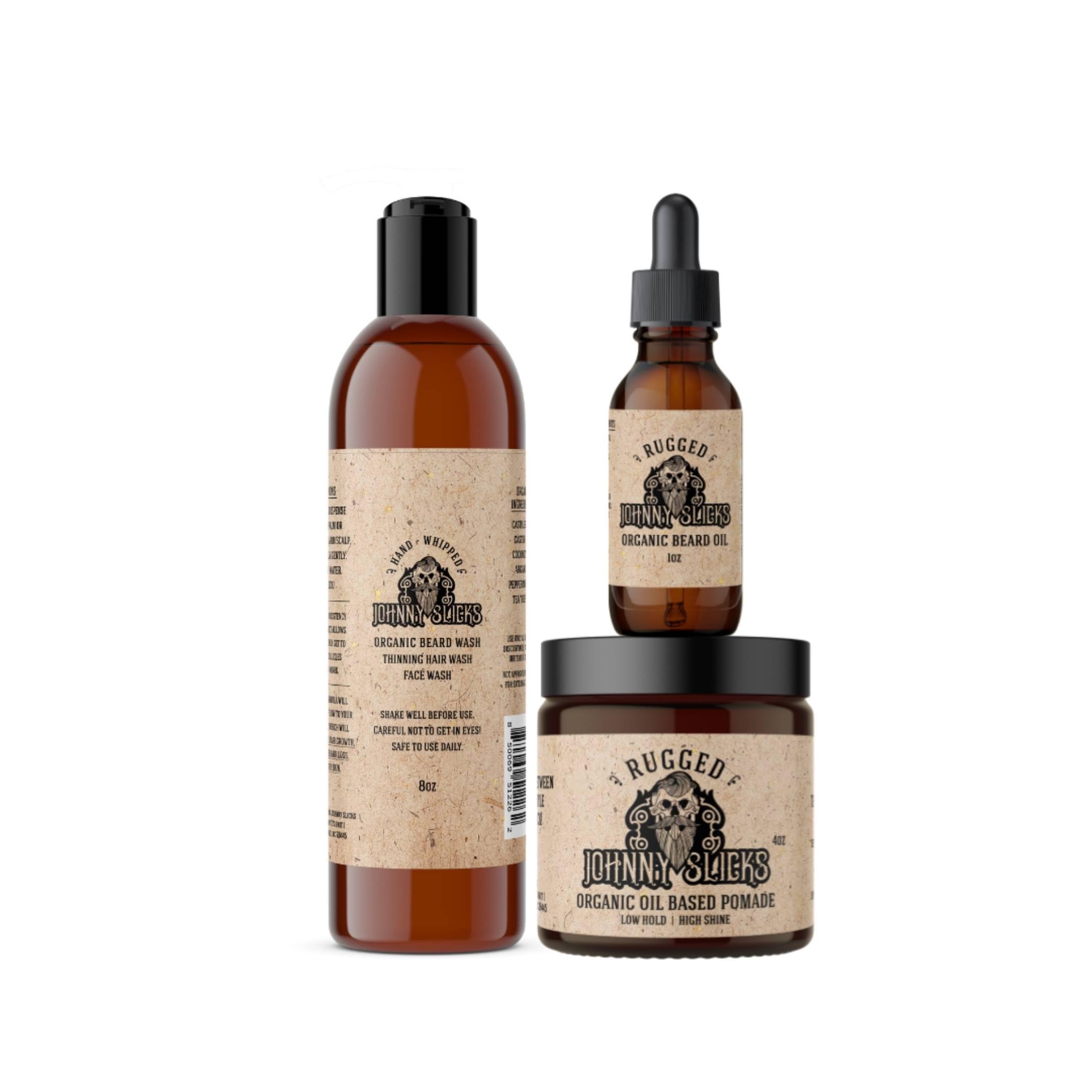 Johnny Slicks Thinning Hair Kit | Oil Based Pomade, Beard Oil & Beard Wash | 100% Organic, USA Made, Veteran Owned (Itch, Dandruff, Healthy Hair Growth, Grooming), Rugged Scent