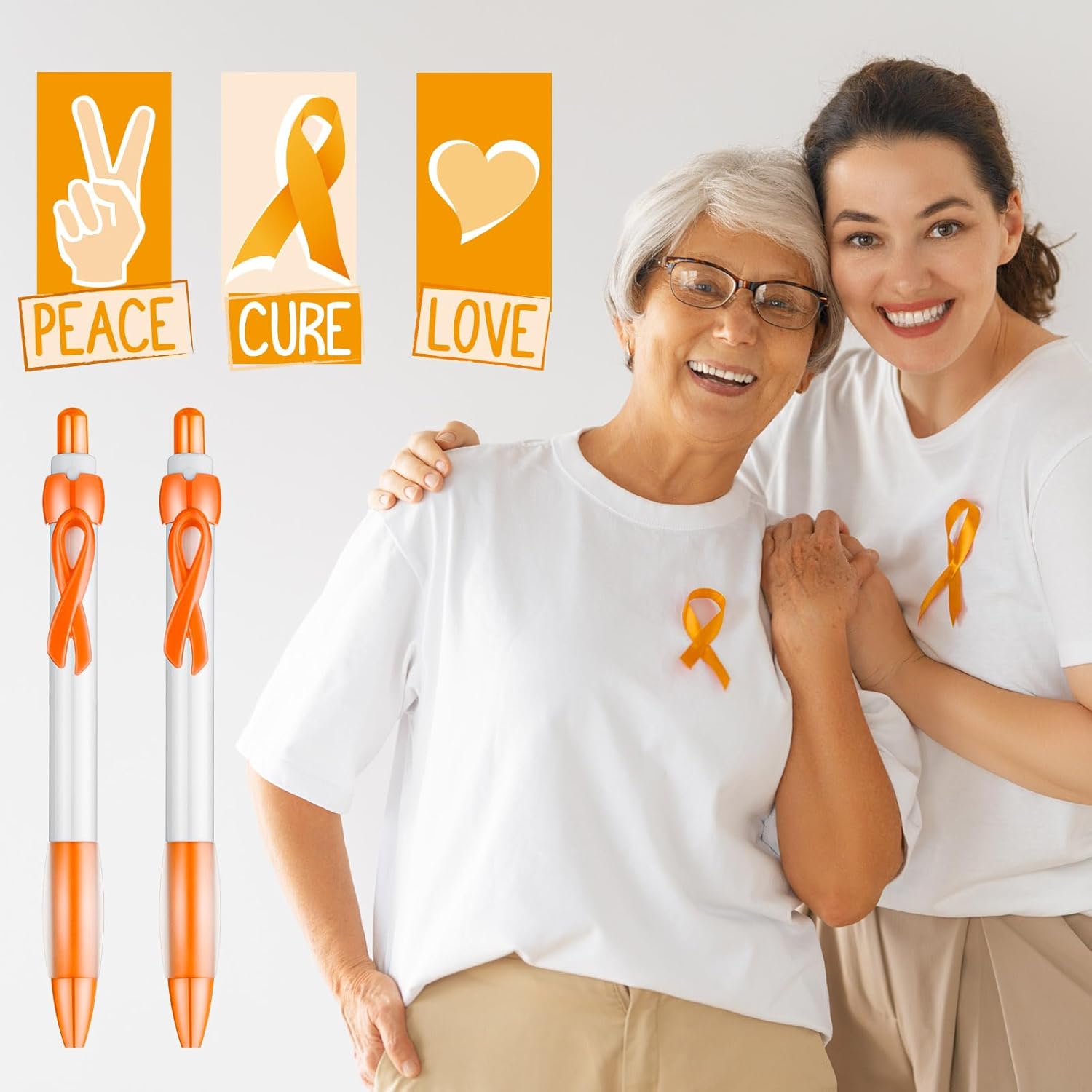 Yexiya 100 Pcs Breast Cancer Awareness Ribbon Pen Autism Domestic Violence Aids Sexual Child Abuse Mental Health Ovarian Cervical Colon Leukemia Liver Pride Lung Item, Black Ink(Orange Color)