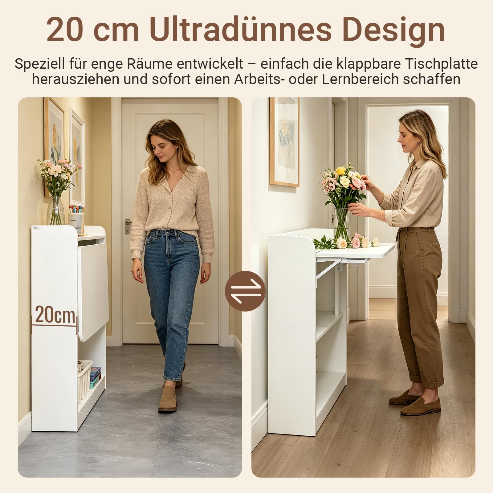 SoBuy Schreibtisch Klappbar mit 3 Ablagen Platzsparend 64x82x58cm Büro | Kleiner Schreibtisch mit Regal, Klapptisch mit 3 Ablagen für Platzsparendes Arbeiten, Wandtisch Weiß, FWT92-W