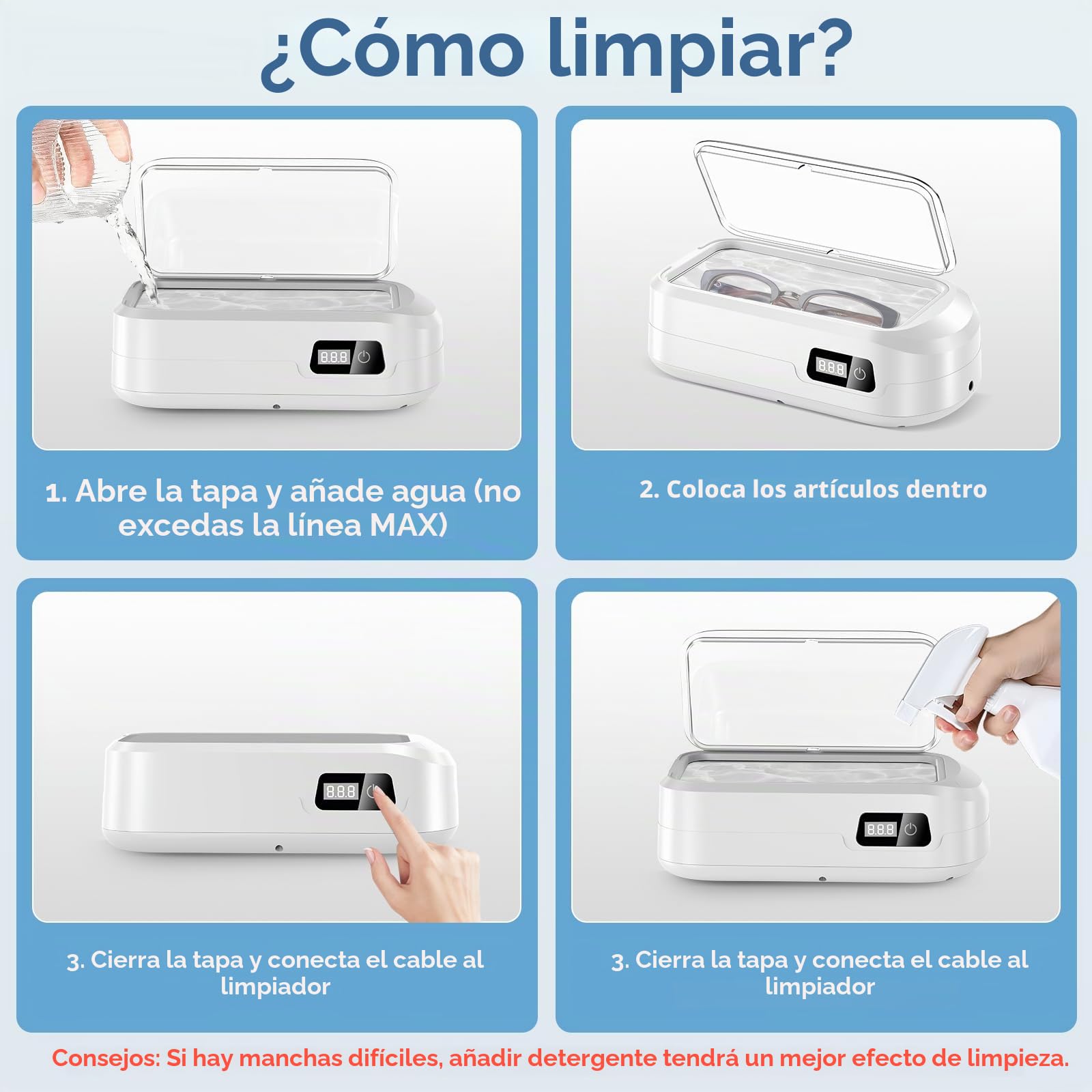 Limpiador Ultrasonidos 49000Hz, 600mL Limpiador Gafas Ultrasonico Profesional con Pantalla LED, Dentaduras Ultrasonidos con 4 Temporizador, para Gafas Joyas Anillos Relojes Dentaduras
