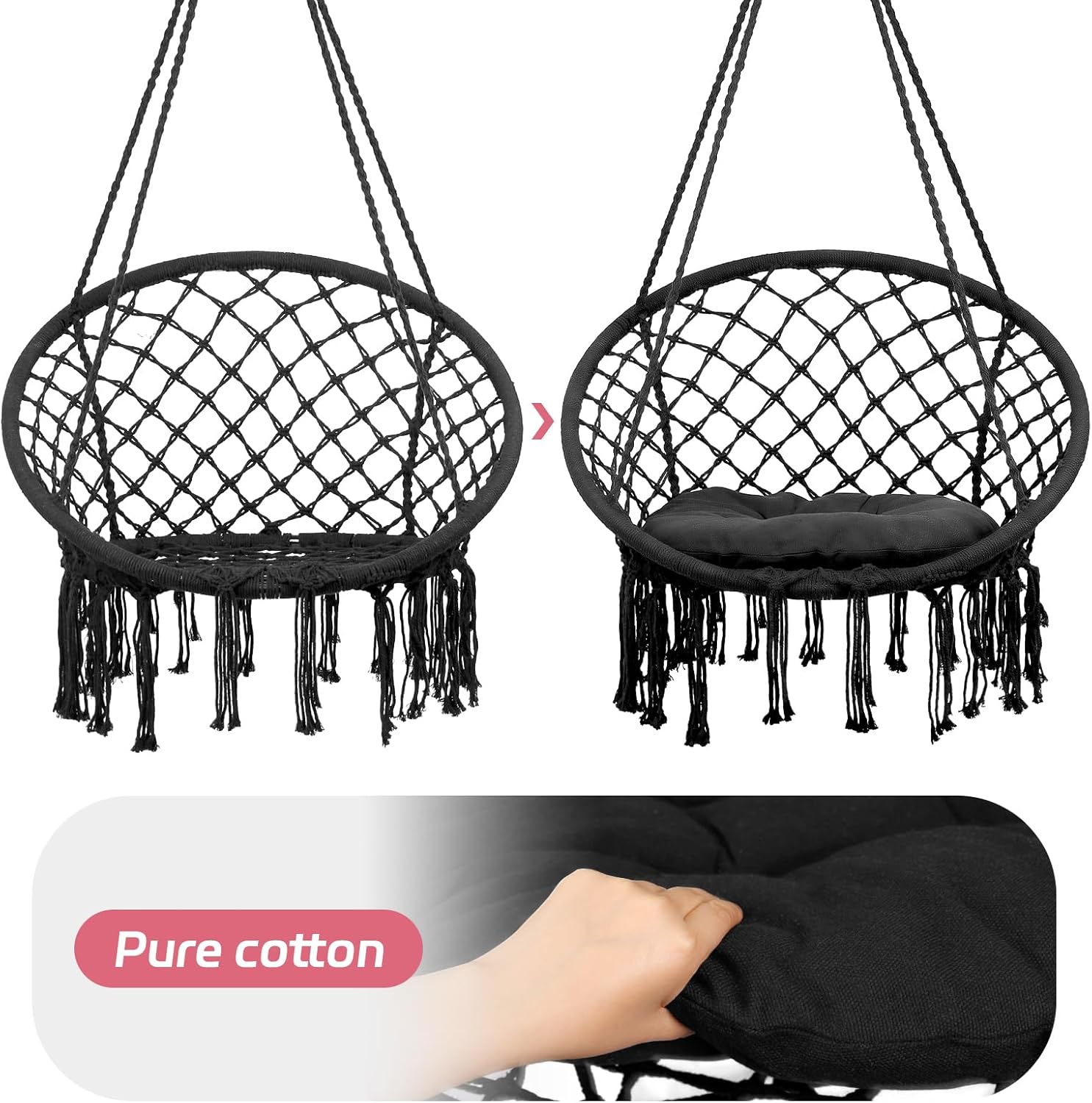 400 LBS Swing Chair, Hanging Chair for Bedroom with Comfortable Cushion, Hammock Swing Chair for Indoor and Outdoor Use, Suitable for Bedroom, Terrace, Balcony, Patio, Adult, Child, Girl, Black