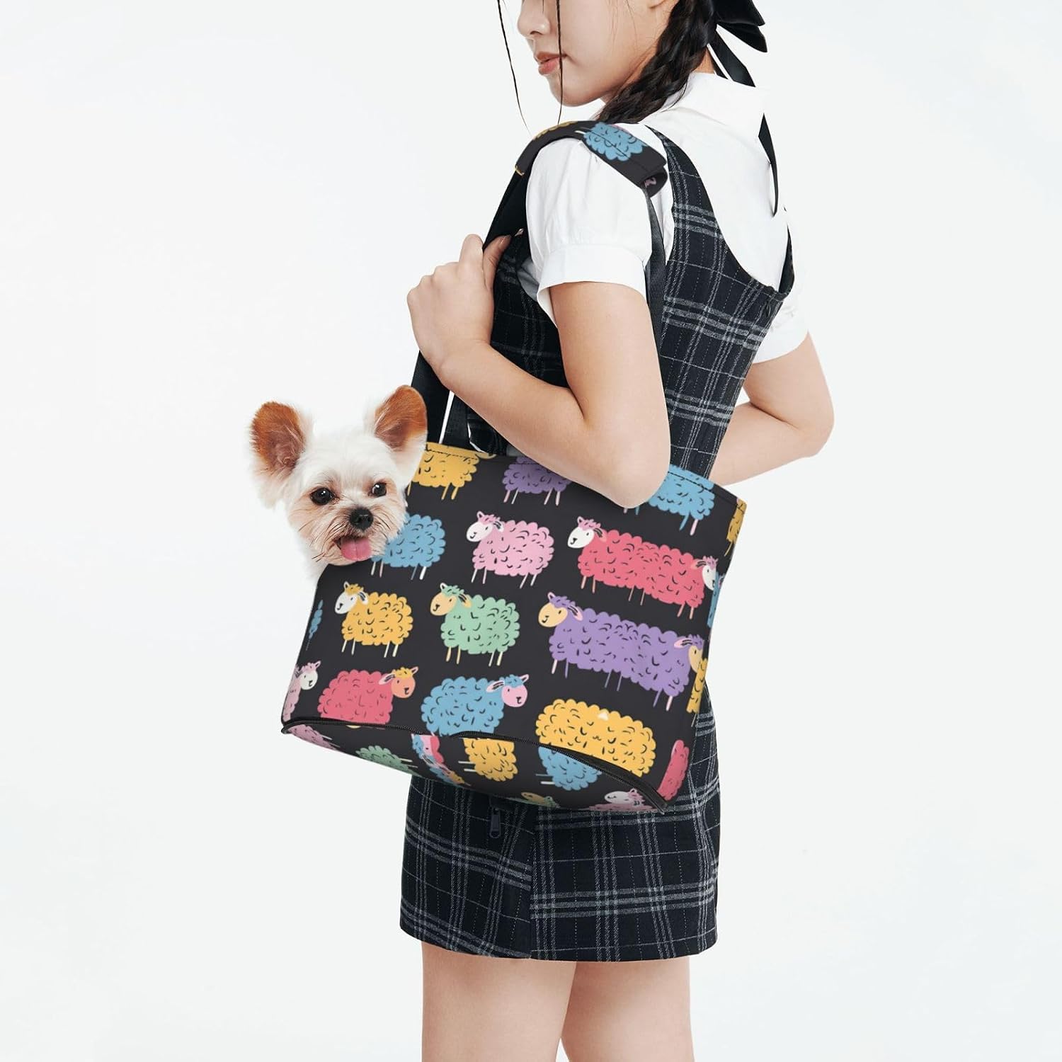 Cute Colorful Sheep Cartoon Pattern Print Portable Foldable Shoulder Bag for Travel,with Collar Hook and Handle Pad,Cute Stylish Design