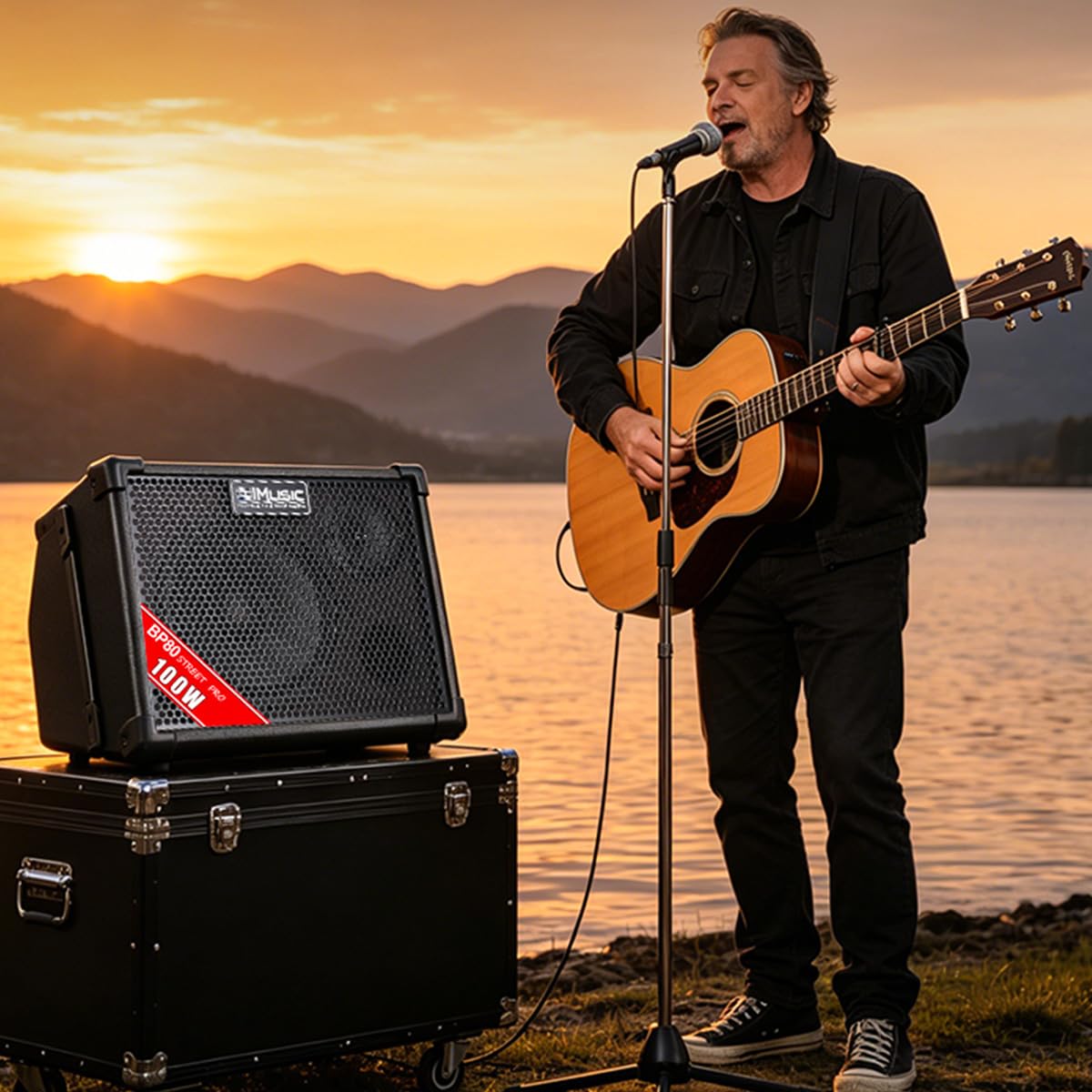 BP80 Amplificateur de guitare acoustique à piles - Haut-parleur Bluetooth portable 100 W, 6 entrées, égaliseur 3 bandes, noir
