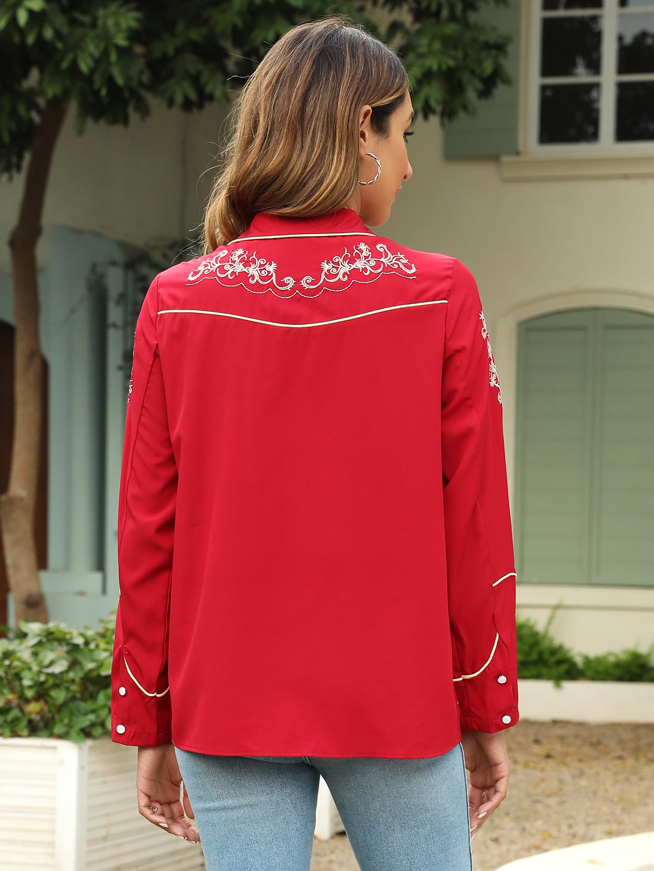 Camicie occidentali da donna stile cowgirl, sexy, elegante, manica lunga, nera ricamata, con abbottonatura