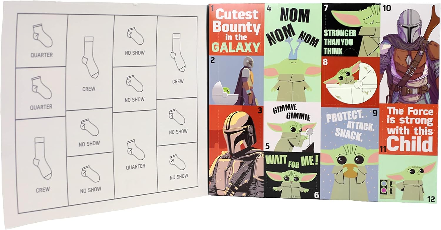STAR WARS Boys The Mandalorian Baby Yoda 12 Days of Socks Advent Calendar Box Set - No Show, Quarter, and Crew Socks, Small