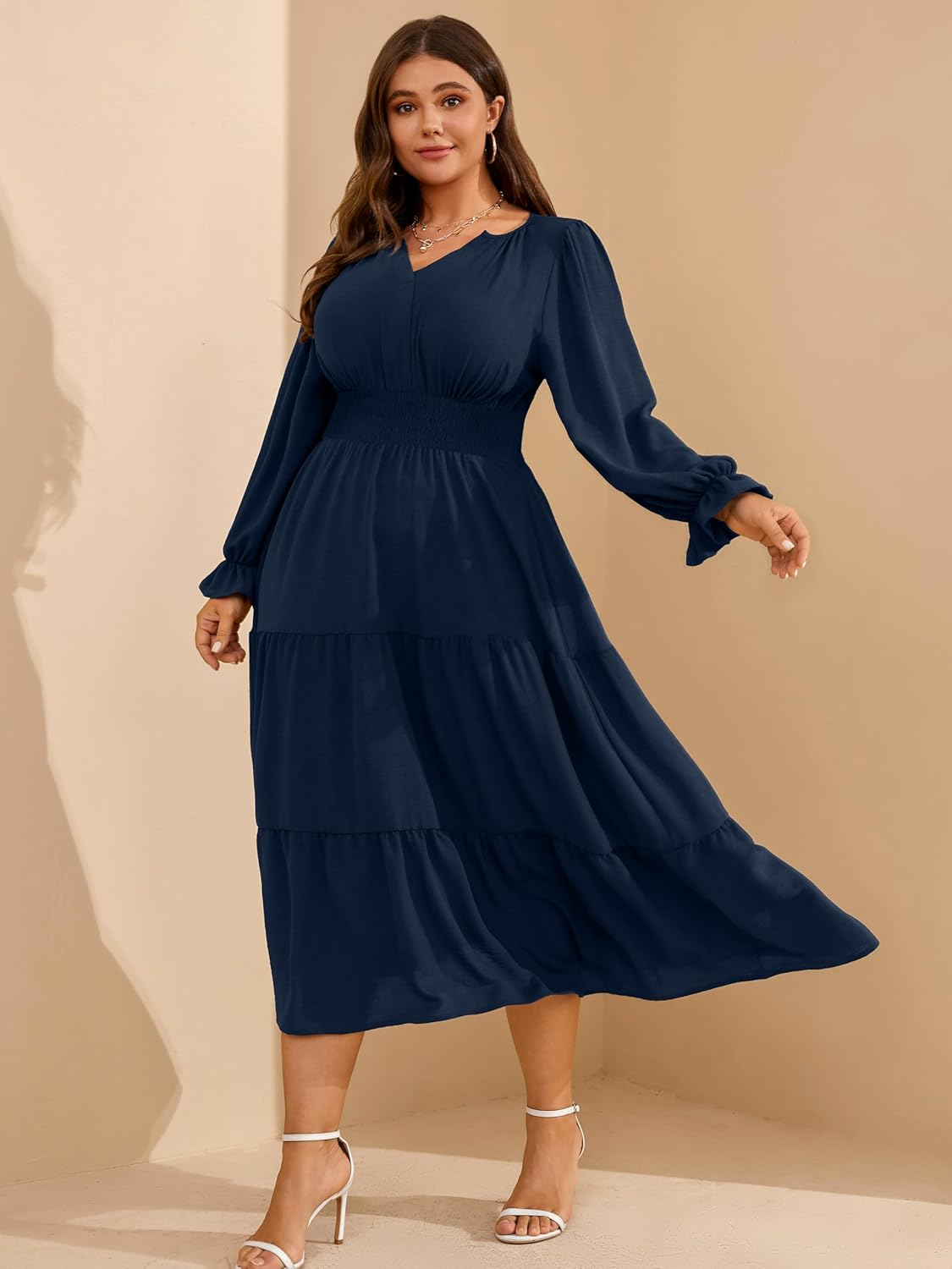 RWJ Womens Plus Size Fall Dress Long Sleeve V Neck Tiered A-Line Elegant Formal Casual Wedding Guest Maxi Dresses - Image 7