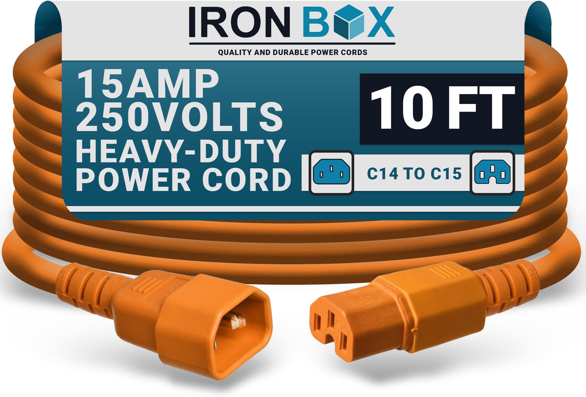 IronBox Electric C14 to C15 Power Cord - 15A/250V, 14/3 AWG SJT - Heavy Duty Cord - UL Listed IEC Power Cable Extension - Jumper Cords for Computer, Server, Desktop & More (10ft, Orange)