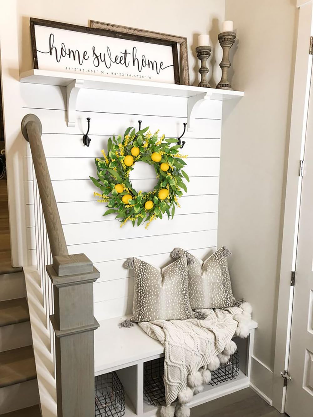 Lemon Wreaths for Front Door 20 inch Spring Door Wreath Small Artificial Wreath with Wildflowers Lemons for Spring Decor Greenery Wreath for Home Kitchen Wall Window Farmhouse Indoor Outdoor Deocr