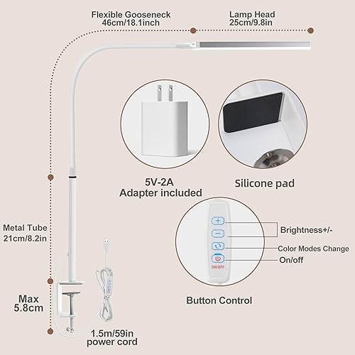 Miniatura 4 de LIBORA LED Desk Lamp with Clamp Dimmable Clip Light for Home Office 3 Modes 10 Brightness Long Flexible Gooseneck Eye-Caring Architect Table Task