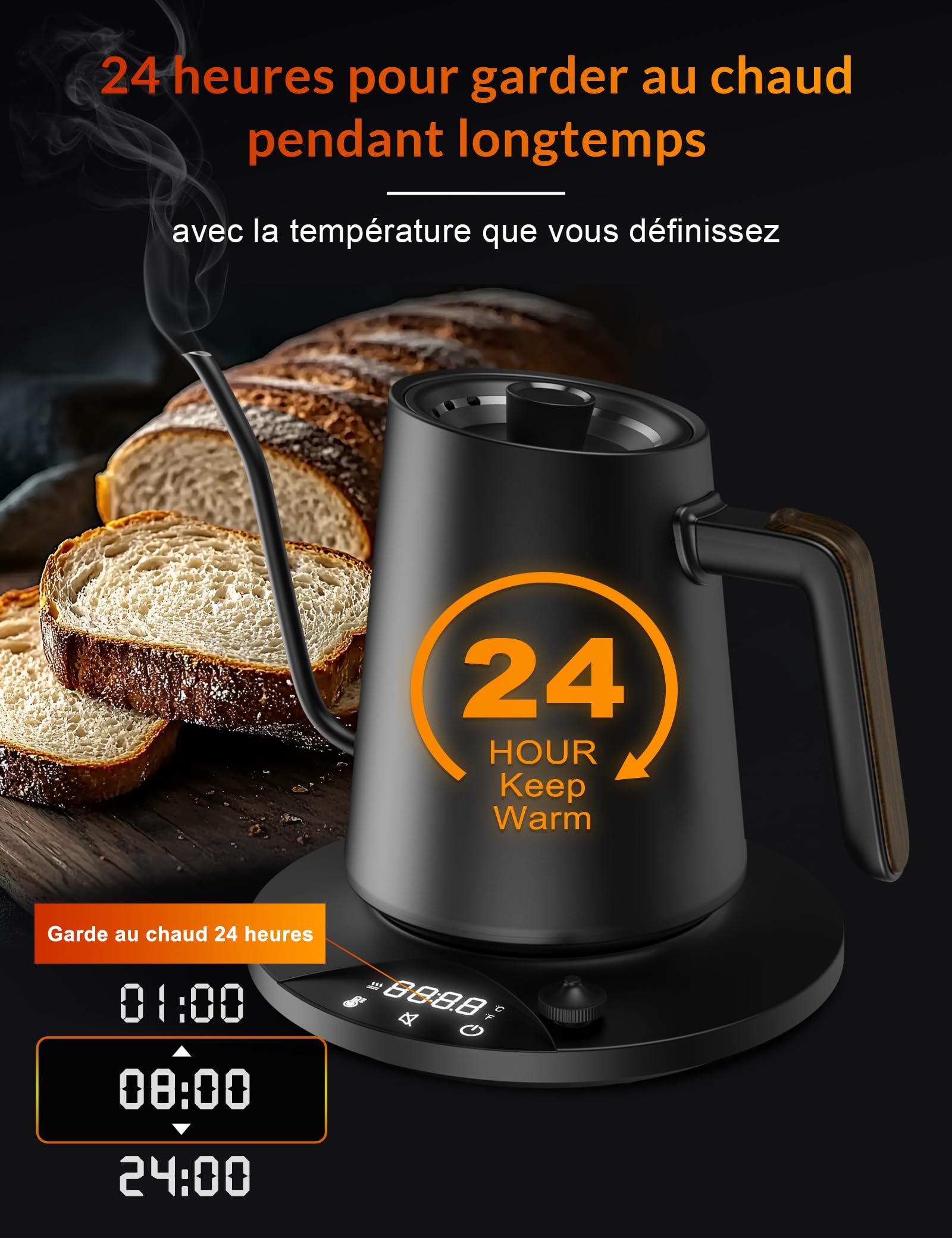 Bouilloire électrique en acier inoxydable avec réglage de la température, Bouilloire à col de cygne, Fonction de maintien au chaud pendant 24 heures, Bouilloire électrique de 1200W avec