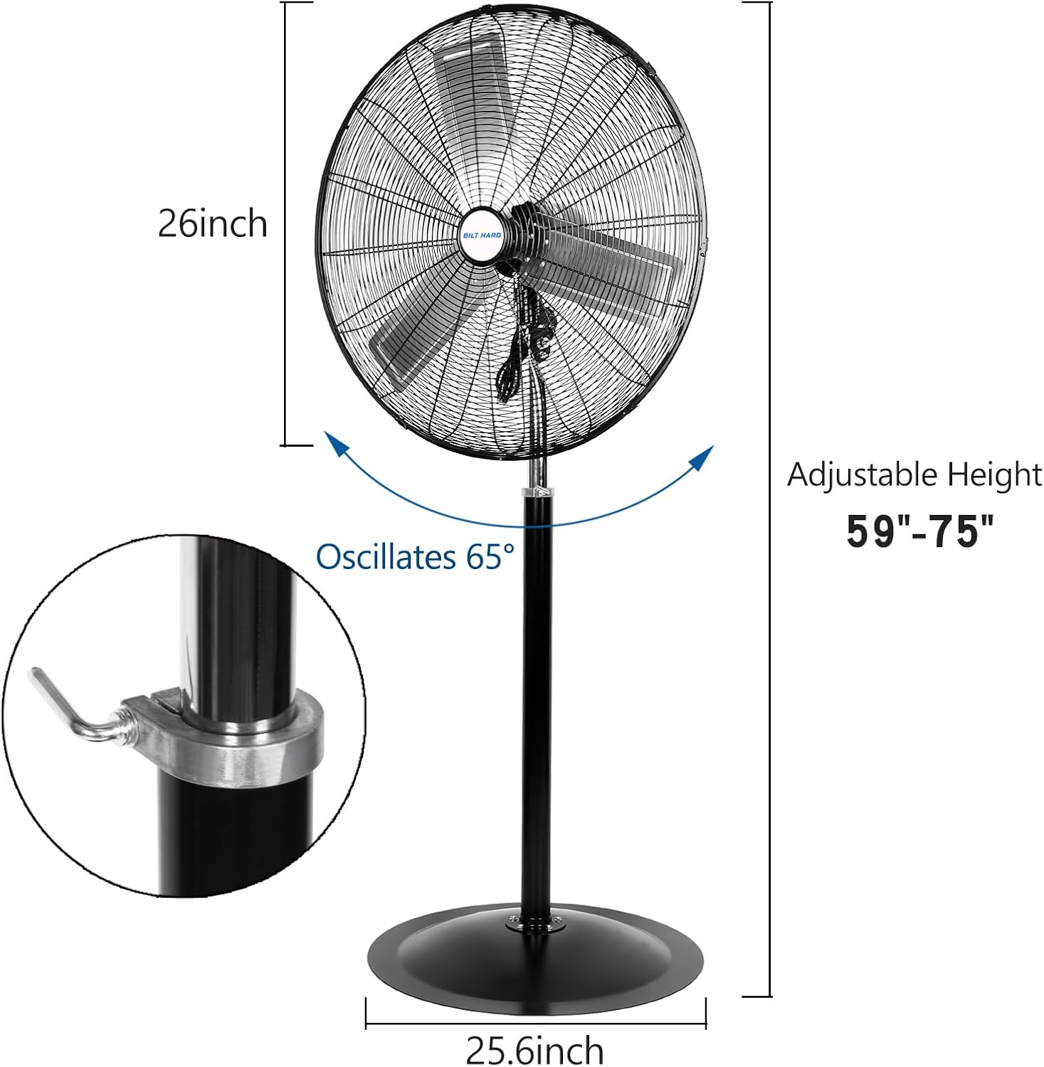 BILT HARD 6450 CFM 24" High Velocity Pedestal Oscillating Fan, 3-Speed Adjustable Height Industrial Floor Fan with Aluminum Blades, Metal Shop Fan for Commercial, and Garage