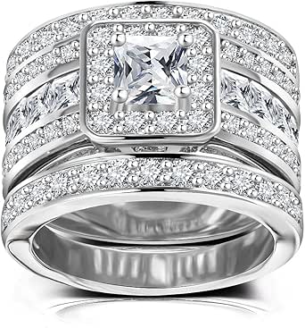 Hiyong Princess Cut Wedding Rings Set Square Cluster CZ