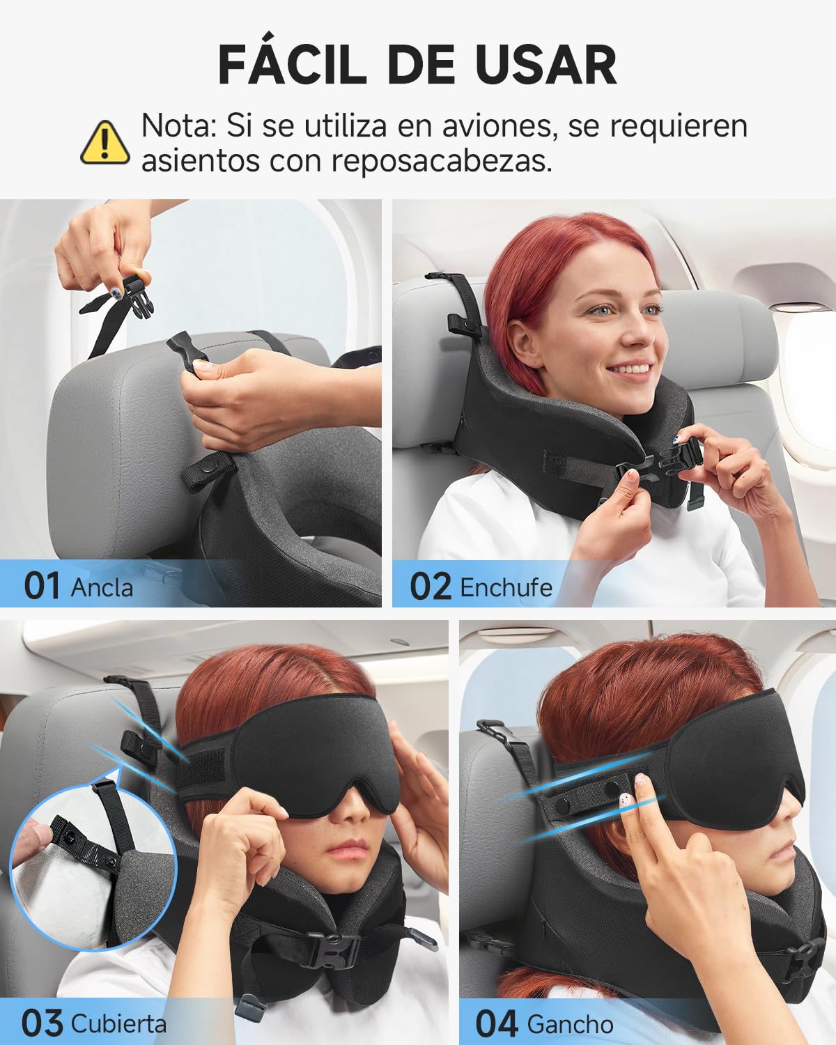 Umisleep Cojín Cervical de Viaje para Avión para Vuelos Largos, Almohada de Memory Foam con Máscara de Sueño 3D, Soporte 360° para Cabeza y Cuello, Evita Que la Cabeza se Incline en Avión, Negro