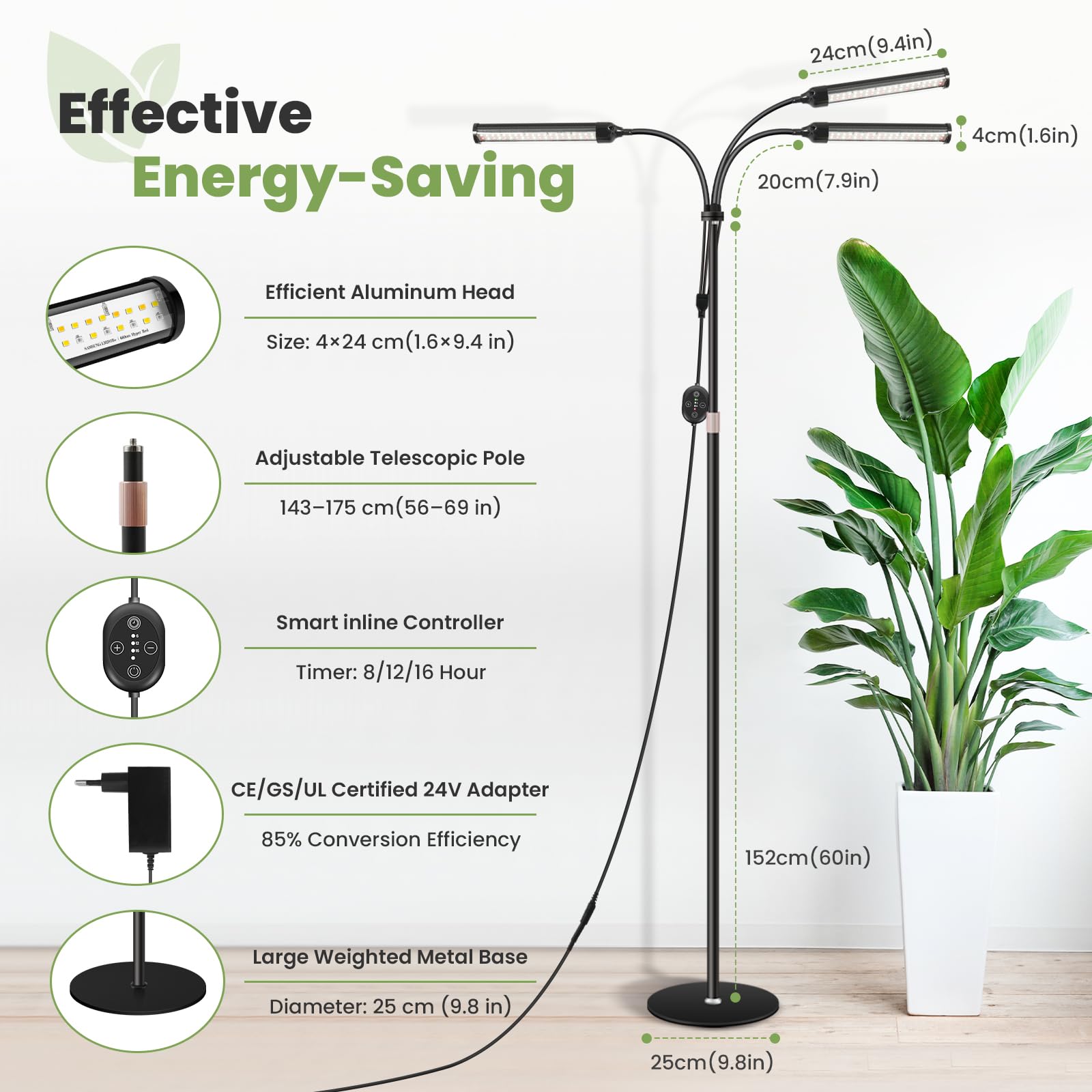 Grande lampe horticole 24V, LED pour plantes spectre complet renforcé 660nm avec LM281B+, minuterie & intensité réglable, cycle 8/12/16H, timer externe, reprise après coupure, 28W, 560μmol/s/m²@15cm