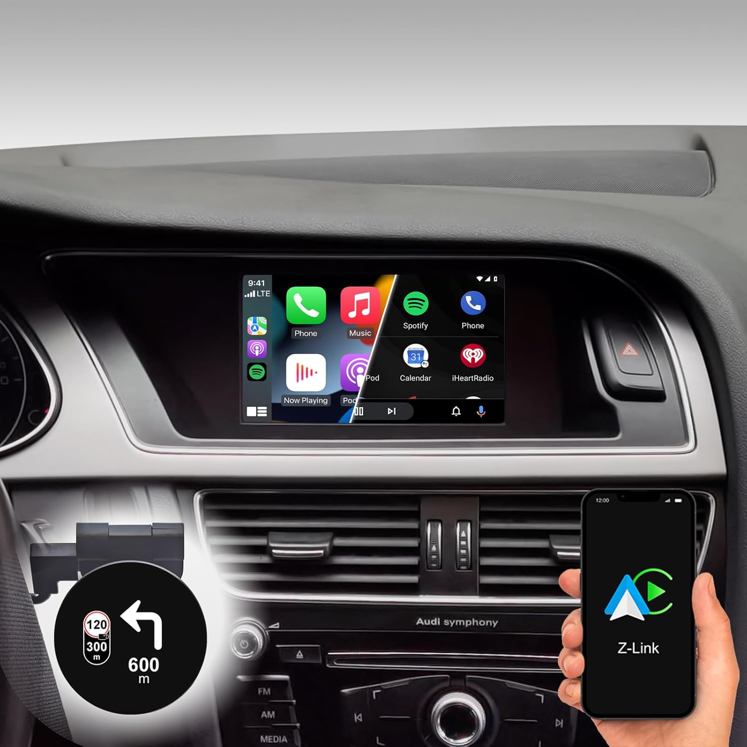 DYNAVIN D9-DMI Ultra Flex Car Radio Navigator installed in an Audi dashboard, displaying a CarPlay interface with various app icons. A smartphone with the Z-Link app is shown on the right, and a small navigation turn indicator is visible on the left.