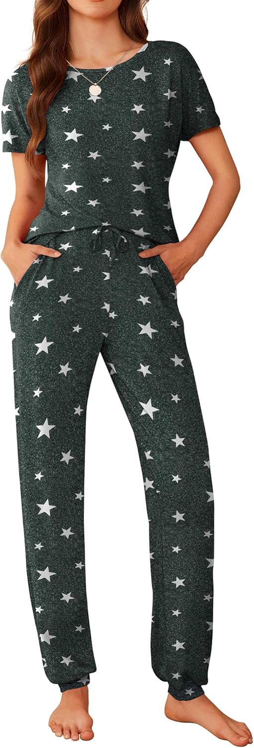 Ekouaer Womens Pajama Sets Short Sleeve Lounge Sets for Women Printed Jogger Pajama Set 2 Piece Pj Sets With Pockets S-XXL