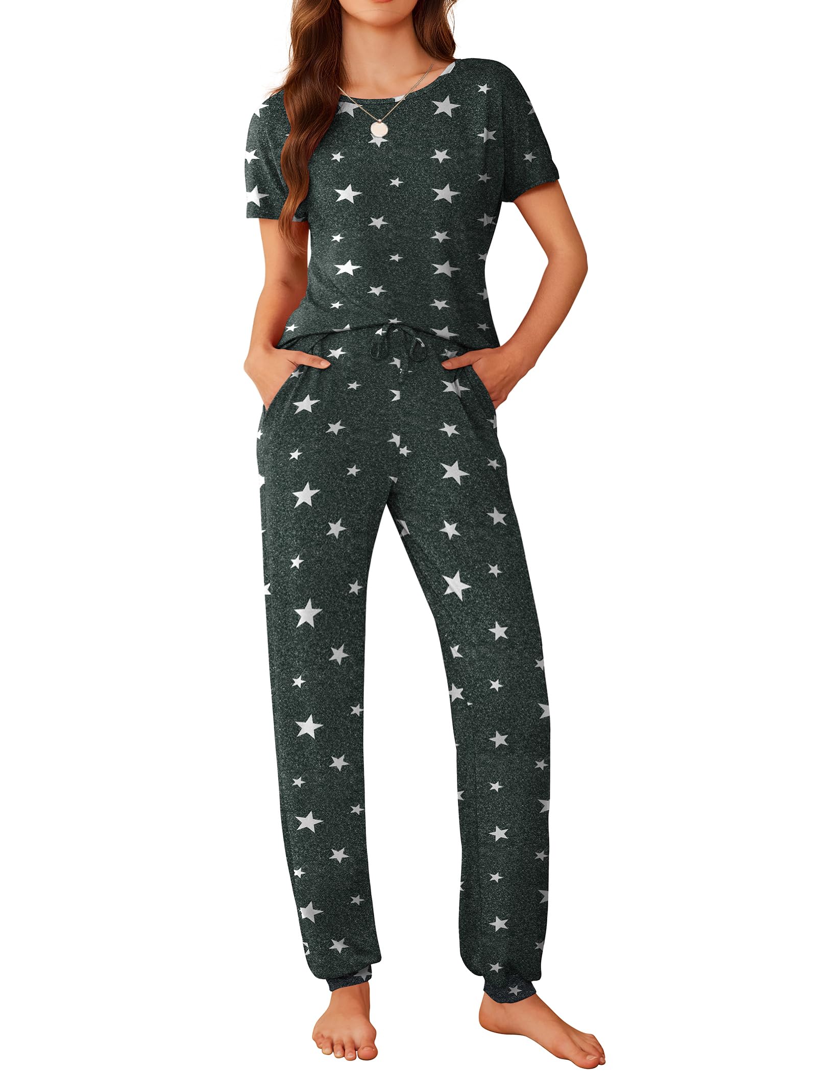 Ekouaer Pajamas for Womens Set Soft 2 Piece Loungewear with Jogger Pants | Comfy Pjs, Crew Short Sleeve Top, Casual Sleepwear with Side Pocket, Lounge Set for All-season, Daily Sleeping, Home Lounging Small Dark Grey Star