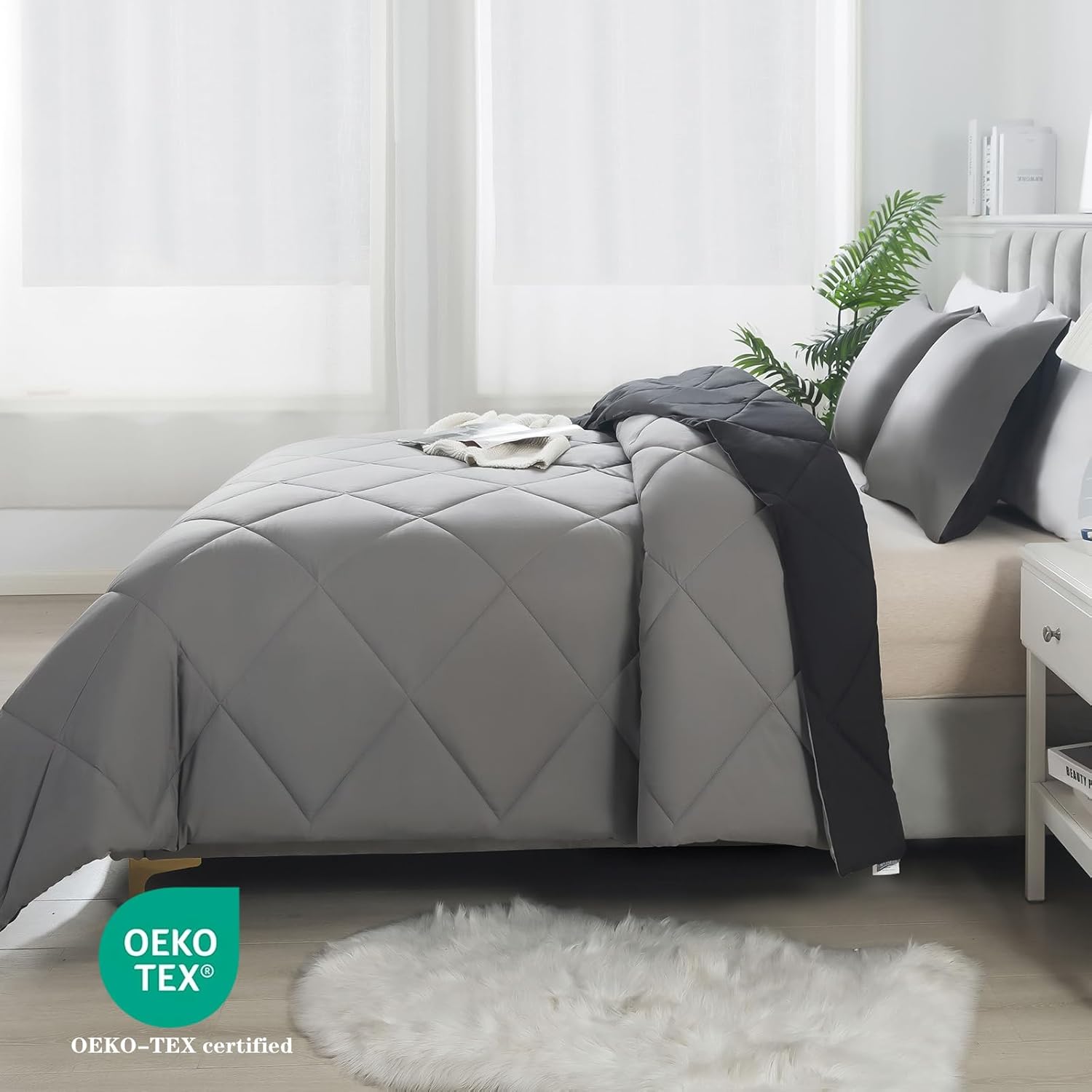 3-Piece King Comforter Set,All-Season,Soft & Hypoallergenic &Breathable Bedding,Polyester Quilted,Down Alternative(Comforter*1 & Pillowcases*2),Black/Dark Gray