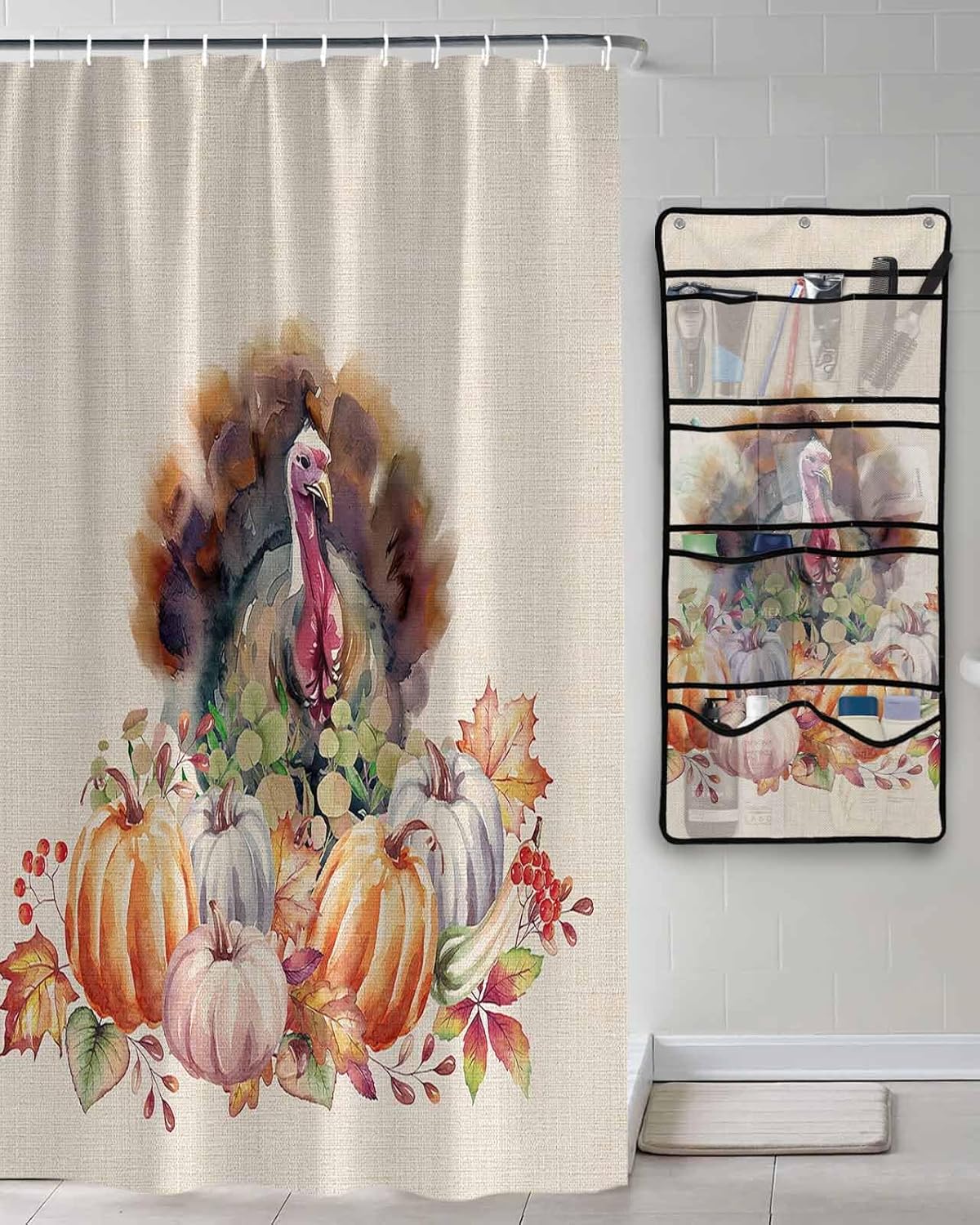 Shower Curtain Mesh Shower Organizer Hanging Set Thanksgiving Watercolor Turkey with Pumpkins Waterproof Shower Curtains with 10 Pockets