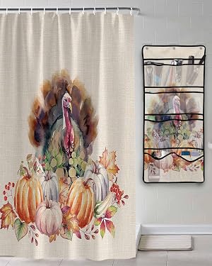 Shower Curtain Mesh Shower Organizer Hanging Set Thanksgiving Watercolor Turkey with Pumpkins Waterproof Shower Curtains with 10 Pockets