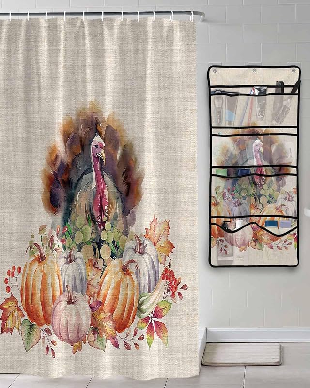 Shower Curtain Mesh Shower Organizer Hanging Set Thanksgiving Watercolor Turkey with Pumpkins Waterproof Shower Curtains with 10 Pockets