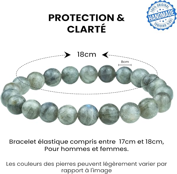 VERTIGE Bracelet de lithothérapie LABRADORITE, Pierres 8mm Minérales, Source de bien être Psychique et Physique, Apporte la PROTECTION, le CLARTÉ, et BONHEUR, Bracelet Femme/Homme - 2