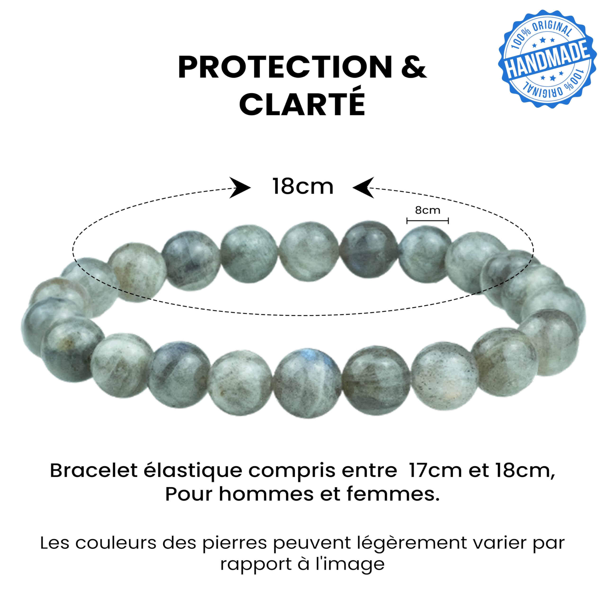 VERTIGE Bracelet de lithothérapie LABRADORITE, Pierres 8mm Minérales, Source de bien être Psychique et Physique, Apporte la PROTECTION, le CLARTÉ, et BONHEUR, Bracelet Femme/Homme - 3