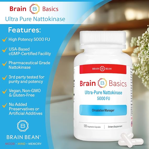 Brain Basic Ultra-Pure Nattokinase 5000 FU 120 Capsules - Natural Blood Circulation Support with Highest Potency Available Non-GMO, Vegan, Gluten Free
